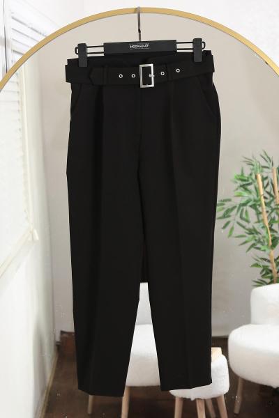 Beli Kemerli Havuç Paça Pantolon Siyah