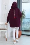 Arkası Kalp Baskılı Kapşonlu Salaş Sweat Mor