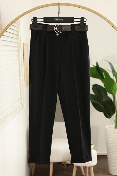 Deri Kemerli Flotolu Dabıl Pantolon Siyah