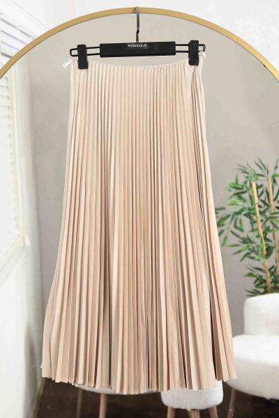 Elisa Beli Lastikli Pliseli Etek Bej