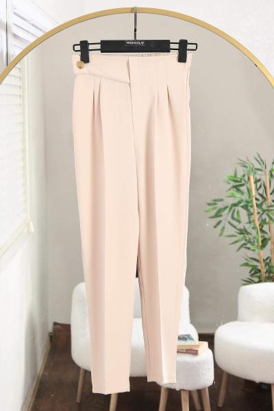 Yanı Bantlı Tek Düğmeli Pantolon Bej