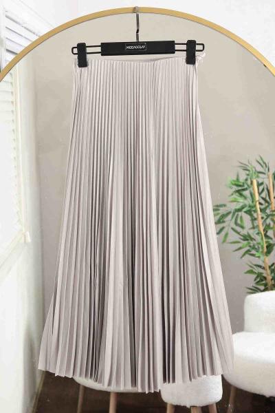 Elisa Beli Lastikli Pliseli Etek Açık Gri