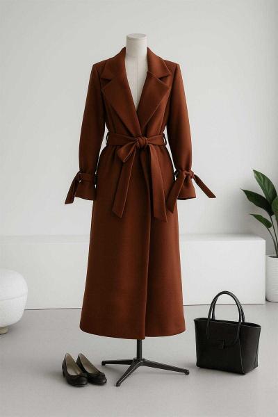 Beli Kolu Kuşaklı Kaşe Kaban Kahve