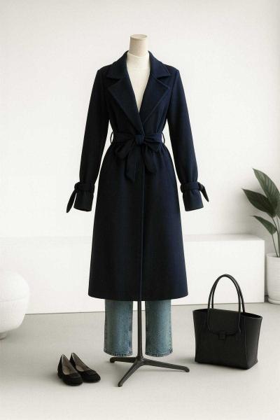 Beli Kolu Kuşaklı Kaşe Kaban Lacivert