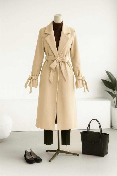 Beli Kolu Kuşaklı Kaşe Kaban Bej