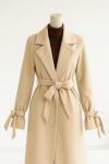Beli Kolu Kuşaklı Kaşe Kaban Bej