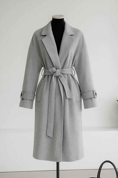 Kolları Bantlı Kuşaklı Kaşe Kaban Gri