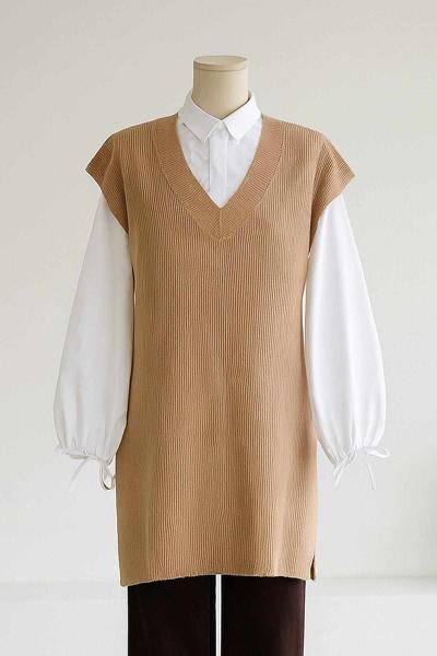 V Yaka Selanik Örgü Triko Süveter Sütlü Kahve