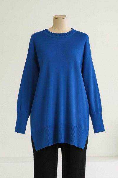 Bisiklet Yaka Salaş Triko Tunik Saks