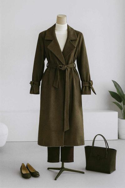 Beli Kolu Kuşaklı Kaşe Kaban Haki