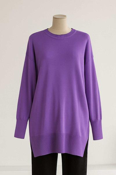Bisiklet Yaka Salaş Triko Tunik Koyu Lila