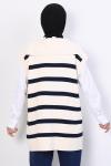 Büyük Yakalı Çizgili Triko Süveter Ekru Laci