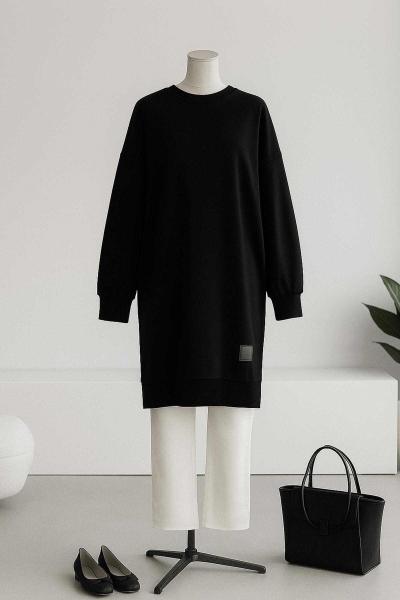 Soul Sıfır Yaka 24 Armalı Lüks Penye İki İplik Tunik Siyah