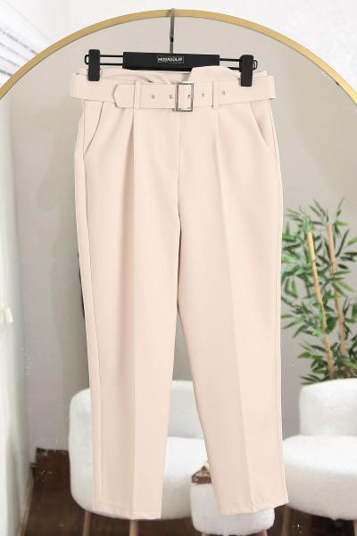 Beli Kemerli Havuç Paça Pantolon Taş