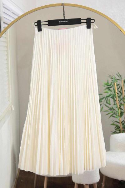 Elisa Beli Lastikli Pliseli Etek Ekru
