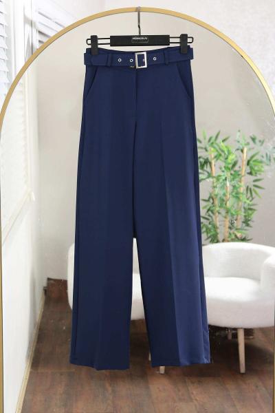 Beli Kemerli Bol Paça Pantolon İndigo