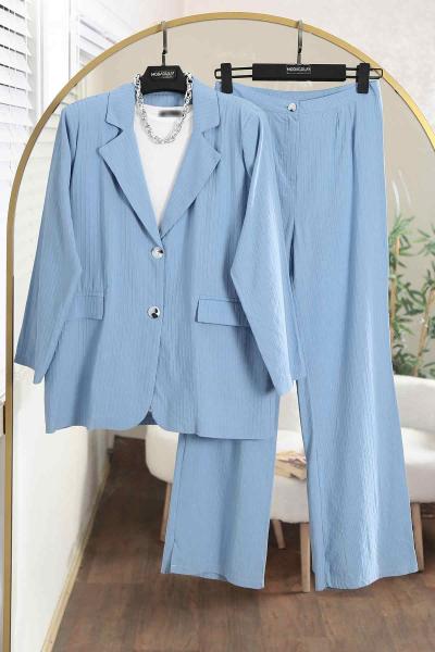 Kendinden Çizgili Oversıze Ceket Pantlonlu Takım Bebe Mavi