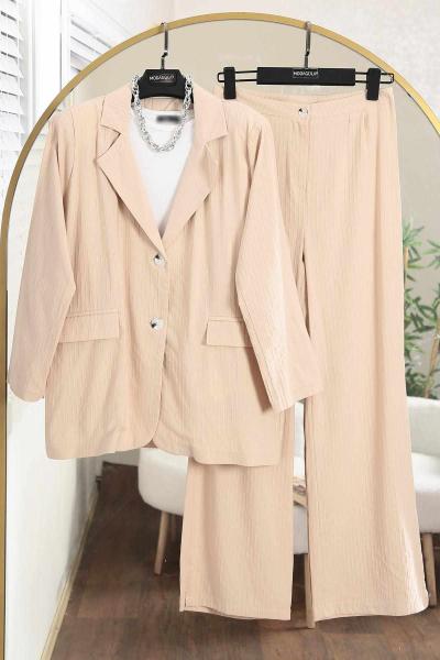 Kendinden Çizgili Oversıze Ceket Pantlonlu Takım Bej