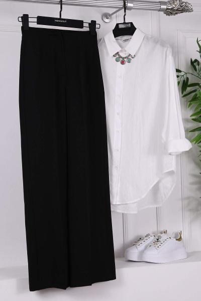 Beli Dikişli Zara Bol Paça Dabıl Pantolon Siyah