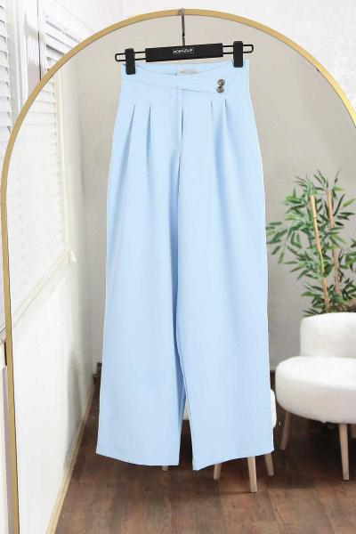 Çift Düğmeli Pileli Bol Paça Dabıl Pantolon Bebe Mavi