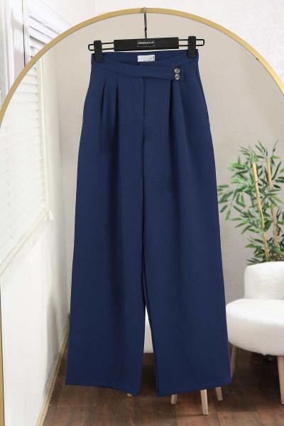 Çift Düğmeli Pileli Bol Paça Dabıl Pantolon Lacivert