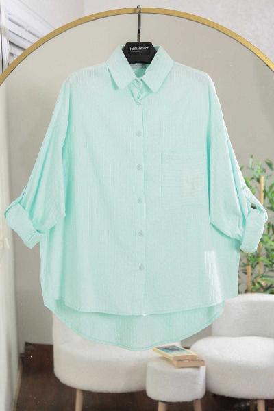 Kendinden Çizgili Arkası Uzun Katlamalı Gömlek Açık Mint