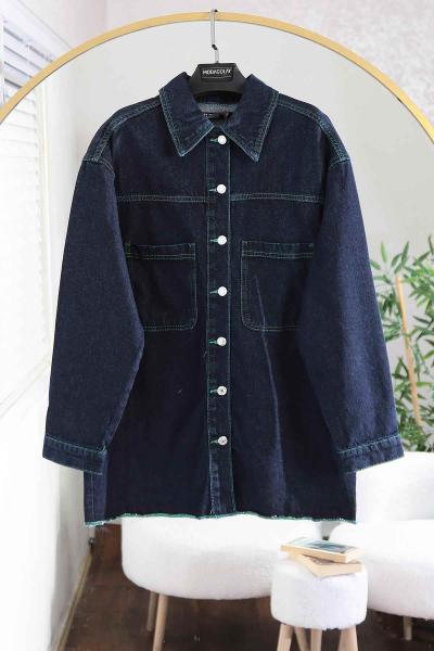 Çift Cepli Püsküllü Yeşil İp Kot Ceket Lacivert