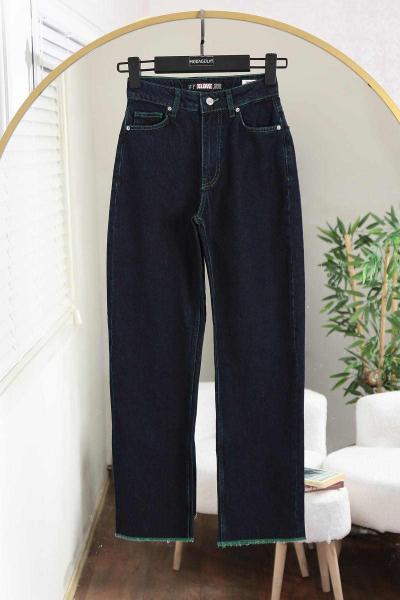 Paça Püsküllü Yeşil İp Palazzo Kot Pantalon Lacivert