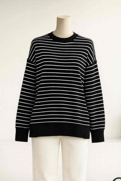 Sıfır Yaka İnce Çizgili  Yırtmaçlı İki İplik Sweat Siyah Beyaz