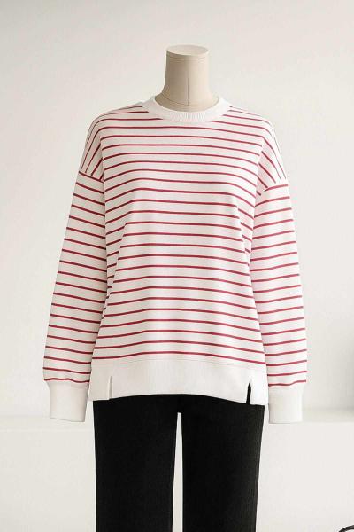 Sıfır Yaka İnce Çizgili  Yırtmaçlı İki İplik Sweat Beyaz Kırmızı