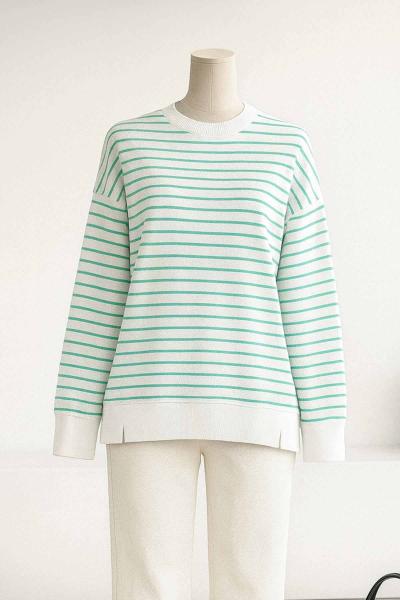 Sıfır Yaka İnce Çizgili  Yırtmaçlı İki İplik Sweat Beyaz Yeşil