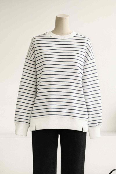 Sıfır Yaka İnce Çizgili  Yırtmaçlı İki İplik Sweat Beyaz Siyah