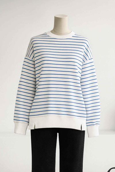 Sıfır Yaka İnce Çizgili  Yırtmaçlı İki İplik Sweat Beyaz Mav