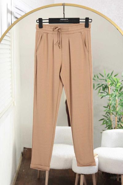 Beli Lastikli Duble Paça Çelik Pantolon Camel