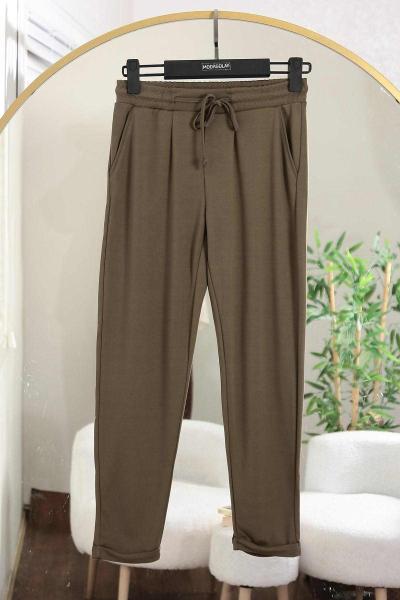 Beli Lastikli Duble Paça Çelik Pantolon Haki