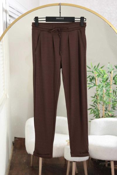 Beli Lastikli Duble Paça Çelik Pantolon Kahve