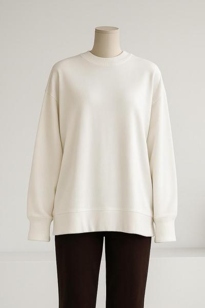 Sıfır Yaka Basıc  Yırtmaçlı İki İplik Sweat Beyaz