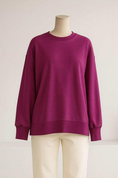 Sıfır Yaka Basıc  Yırtmaçlı İki İplik Sweat Fuşya