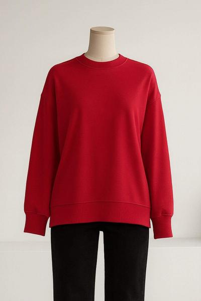 Sıfır Yaka Basıc  Yırtmaçlı İki İplik Sweat Kırmızı
