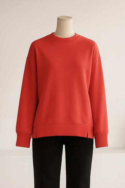 Sıfır Yaka Basıc  Yırtmaçlı İki İplik Sweat Nar Çiçeği