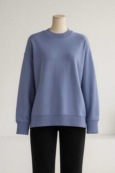 Sıfır Yaka Basıc  Yırtmaçlı İki İplik Sweat İndigo