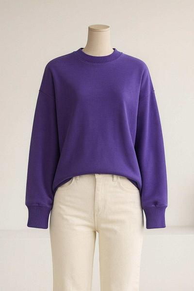 Sıfır Yaka Basıc  Yırtmaçlı İki İplik Sweat Mor