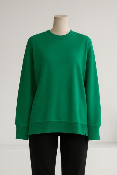 Sıfır Yaka Basıc  Yırtmaçlı İki İplik Sweat Çimen