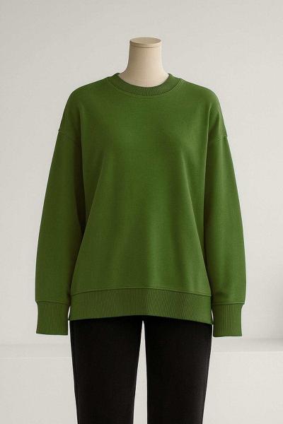 Sıfır Yaka Basıc  Yırtmaçlı İki İplik Sweat Enginar