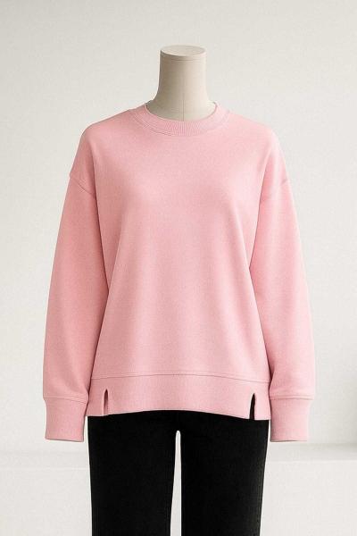 Sıfır Yaka Basıc  Yırtmaçlı İki İplik Sweat Toz Pembe