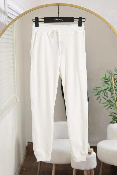 Bağlamalı Beli Paçası Ribanalı Eşofman Altı Ekru