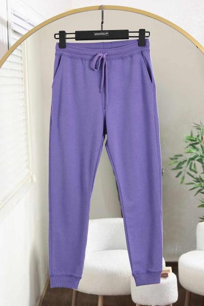 Bağlamalı Beli Paçası Ribanalı Eşofman Altı Mor