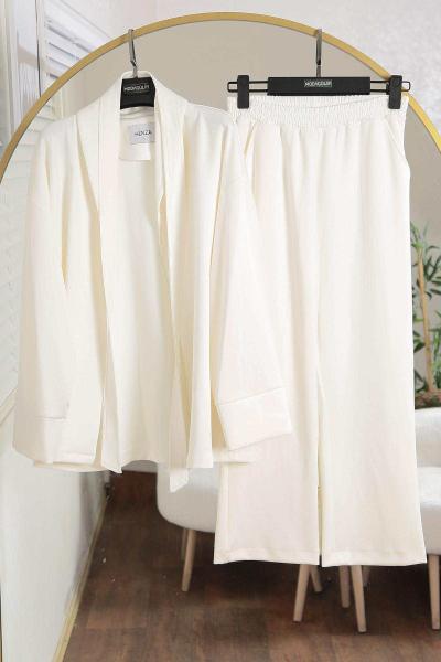 Şal Yaka Scuba Pantolonlu Takım Ekru