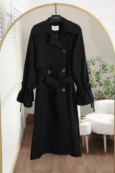 Kolu Büzgülü Kuşaklı Trençkot Siyah