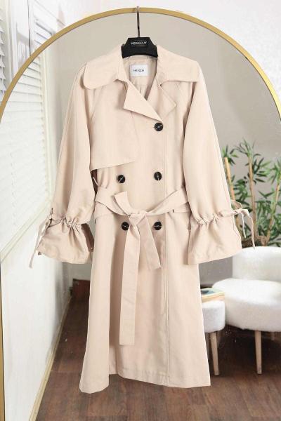 Kolu Büzgülü Kuşaklı Trençkot Taş